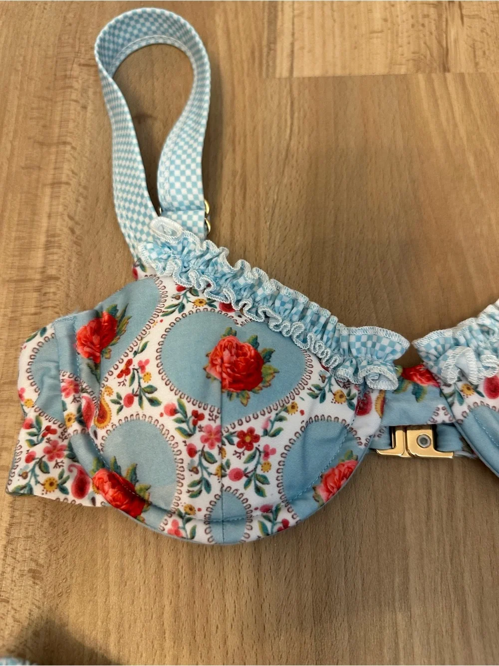 Strawberry Milk Mob Light Blue Floral Underwire Bikini Set with Red Roses