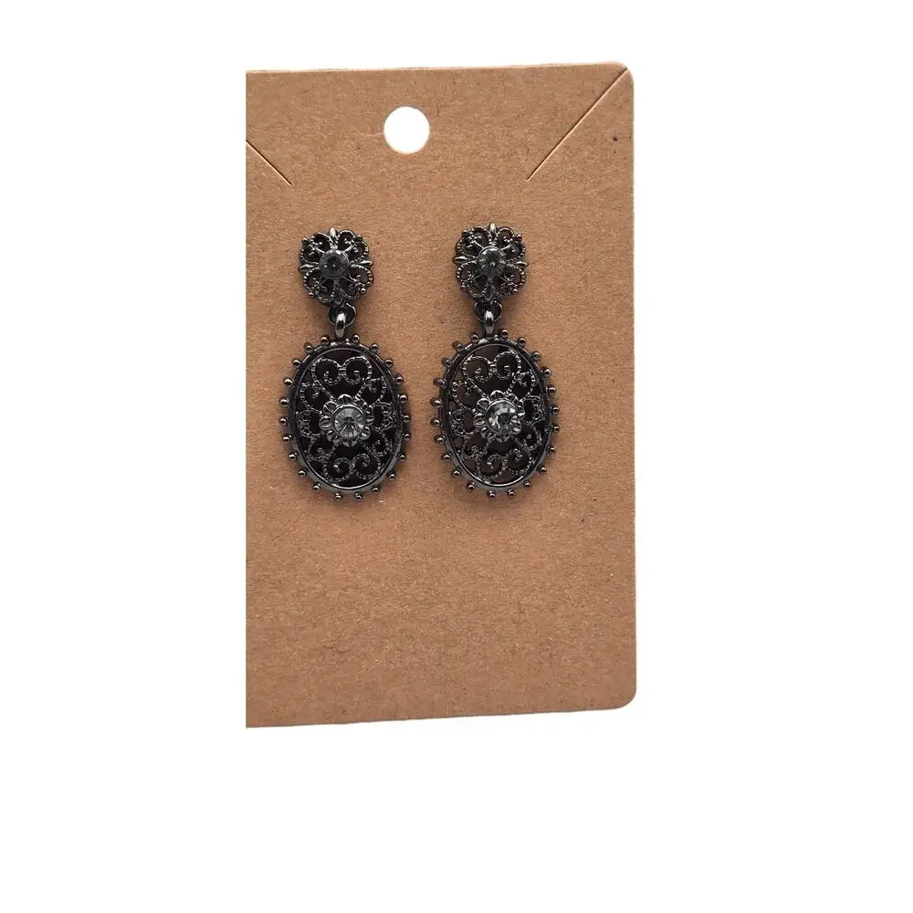 1928 Filigree Oval Drop Earrings Black Crystal – Gothic Victorian Romantic