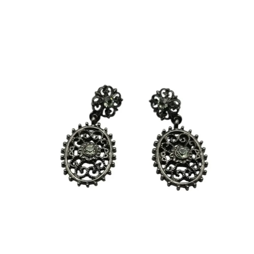 1928 Filigree Oval Drop Earrings Black Crystal – Gothic Victorian Romantic