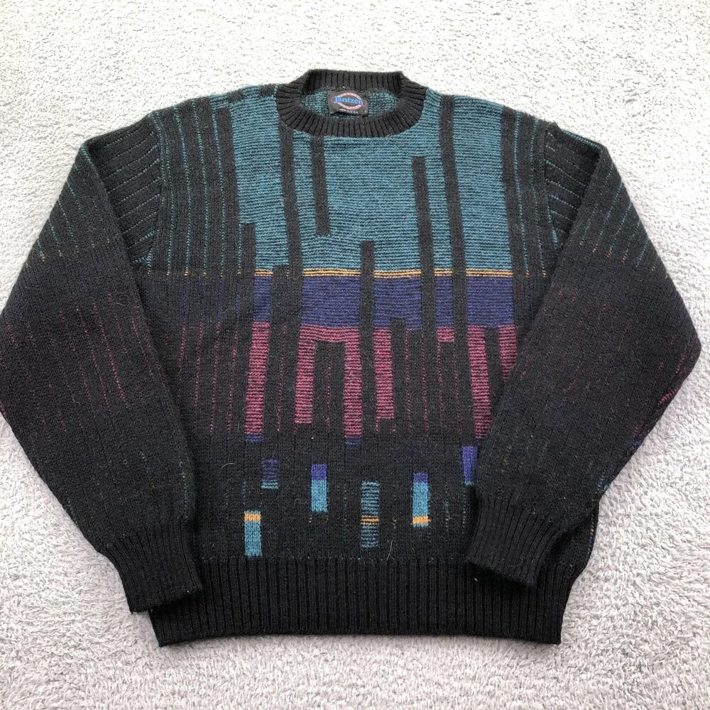 Vintage Jantzen Sweater Mens Large Black Geometric Knit Crewneck Pullover USA
