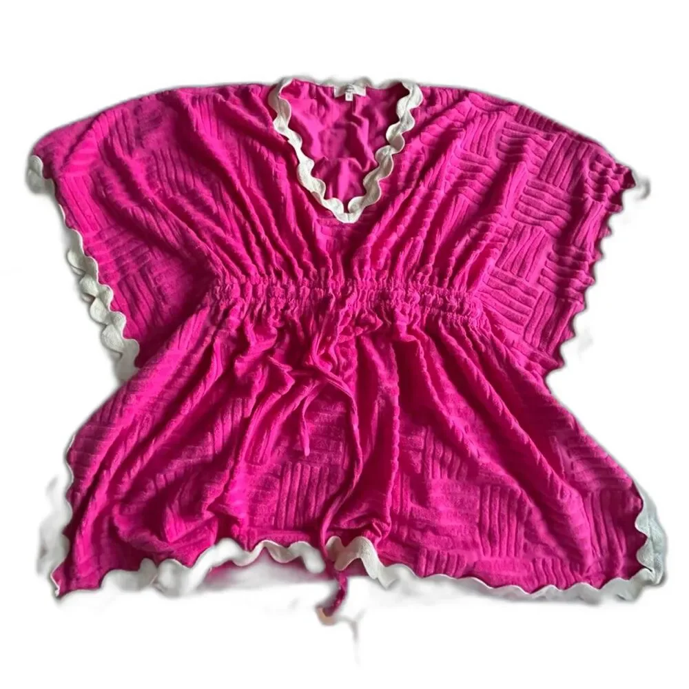 Entro Hot Pink Fuschia with White Ric Rac Swim Terry Cloth Cover-Up