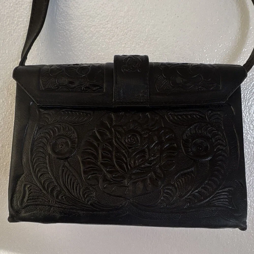 Vintage Black Embossed Leather Western SW Floral Shoulder Bag Purse W/Adj Strap