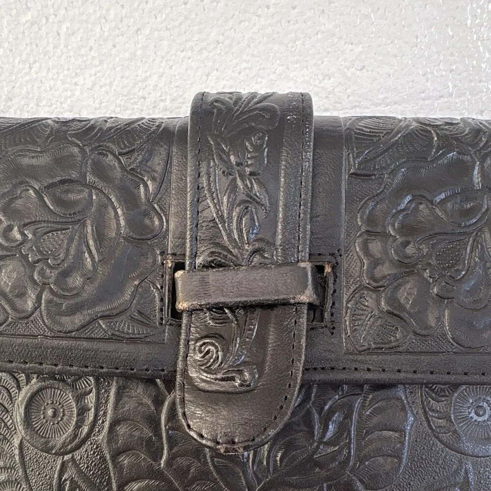 Vintage Black Embossed Leather Western SW Floral Shoulder Bag Purse W/Adj Strap