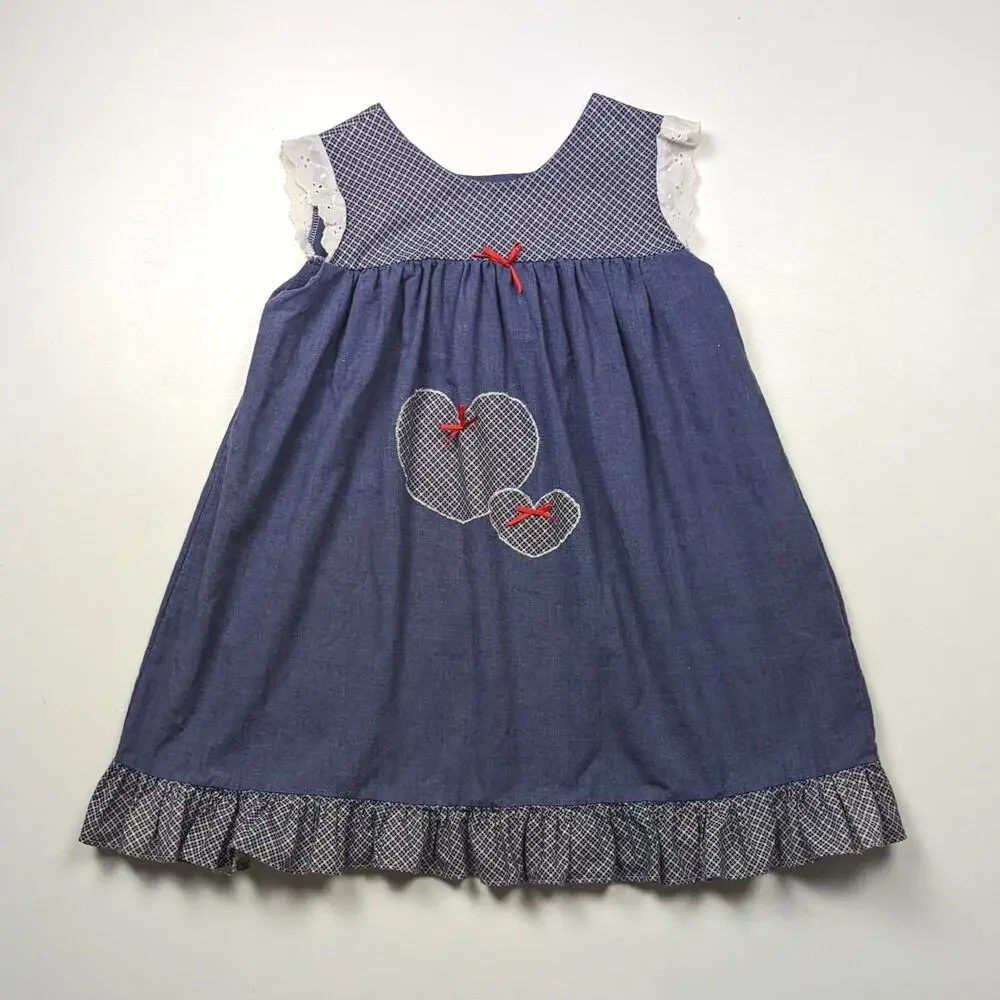 Vintage Handmade Pinafore Dress Girls Size 6X Chambray Heart Pinny