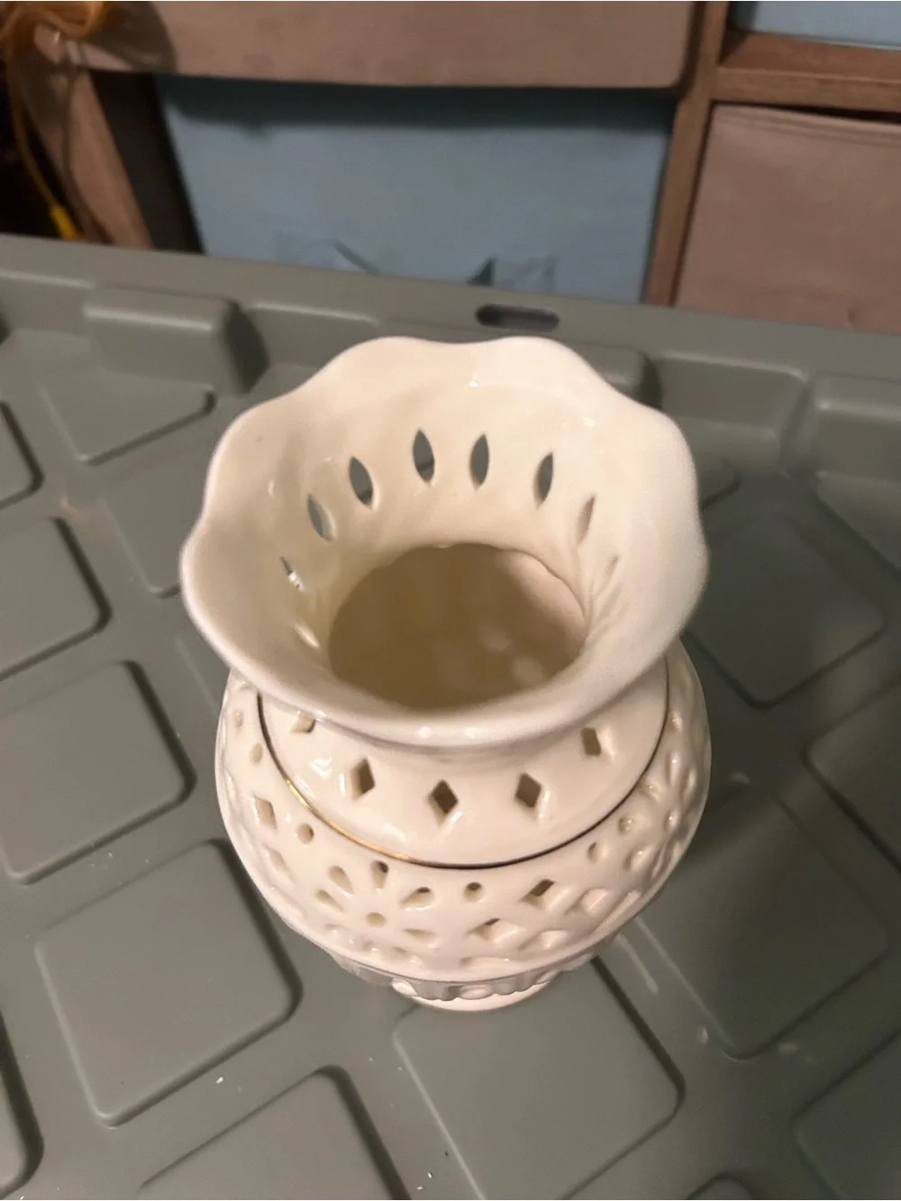Ivory Ceramic Pierced Decorative Vase with Scalloped Rim