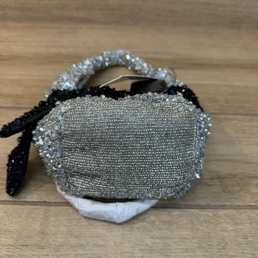 Silver Beaded Mini Bag Black Bow Crystal Sequin Sparkle Party Purse India