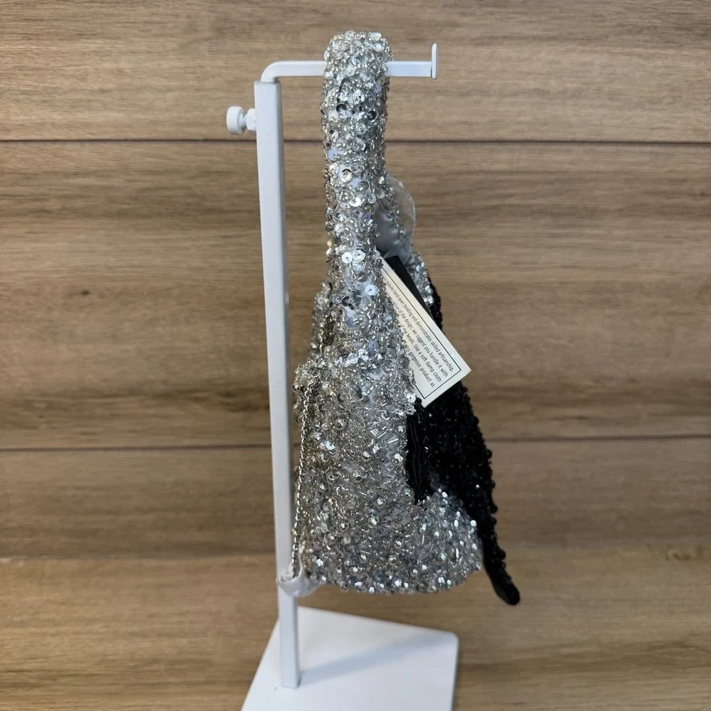 Silver Beaded Mini Bag Black Bow Crystal Sequin Sparkle Party Purse India
