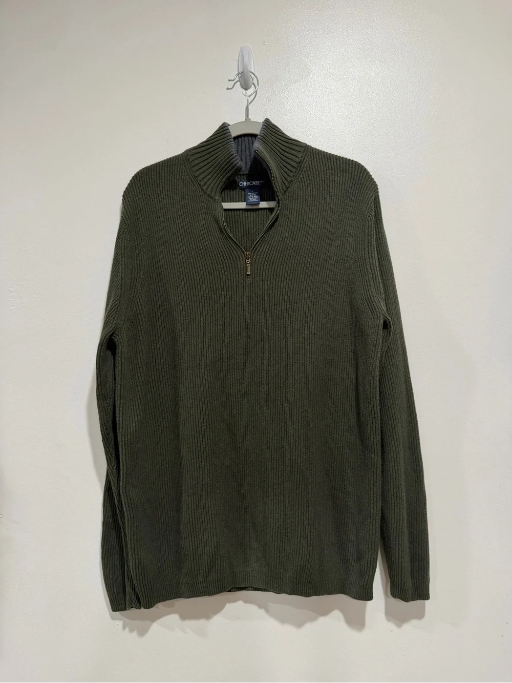 Cherokee Men’s Olive Green 100% Cotton Ribbed Quarter Zip Sweater Size Large