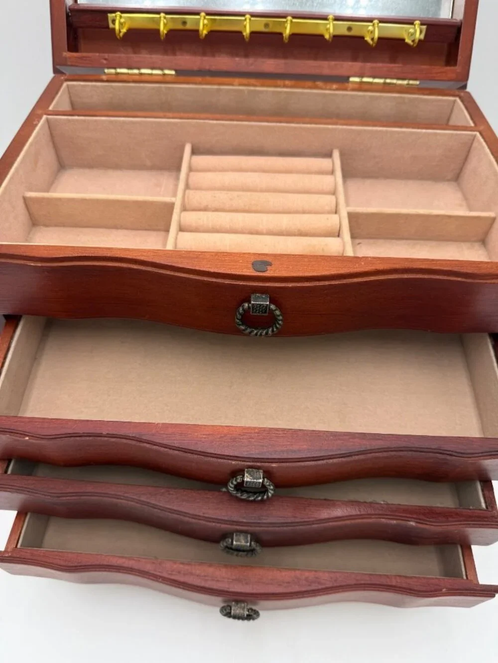 Wooden Jewelry Box With Four Drawers Mirrored Lid & Felt Lining - Vintage Look