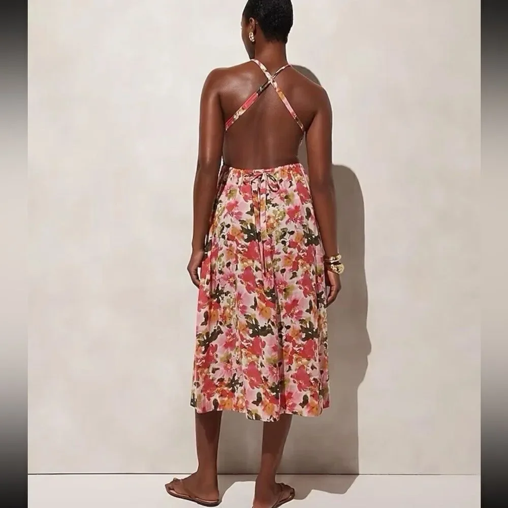 J CREW Halter-neck cross-back dress in floral cotton voile Small