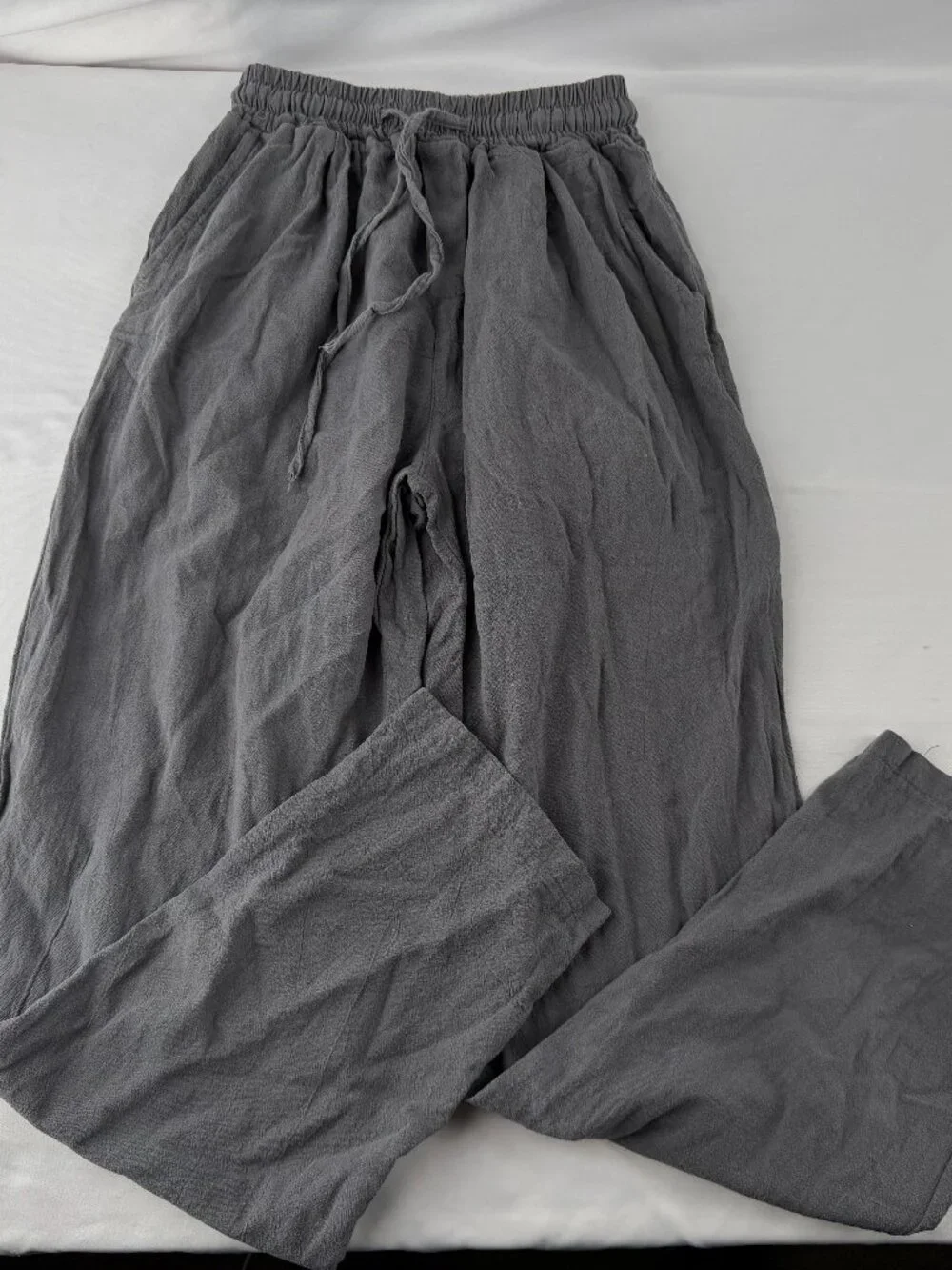 Men's Casual Linen Blend Wide Leg Drawstring Pants Grey Relaxed Fit Size L