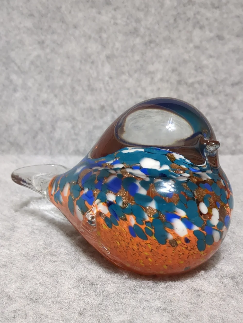 Art Glass Bird Clear, Orange Blue Paperweight