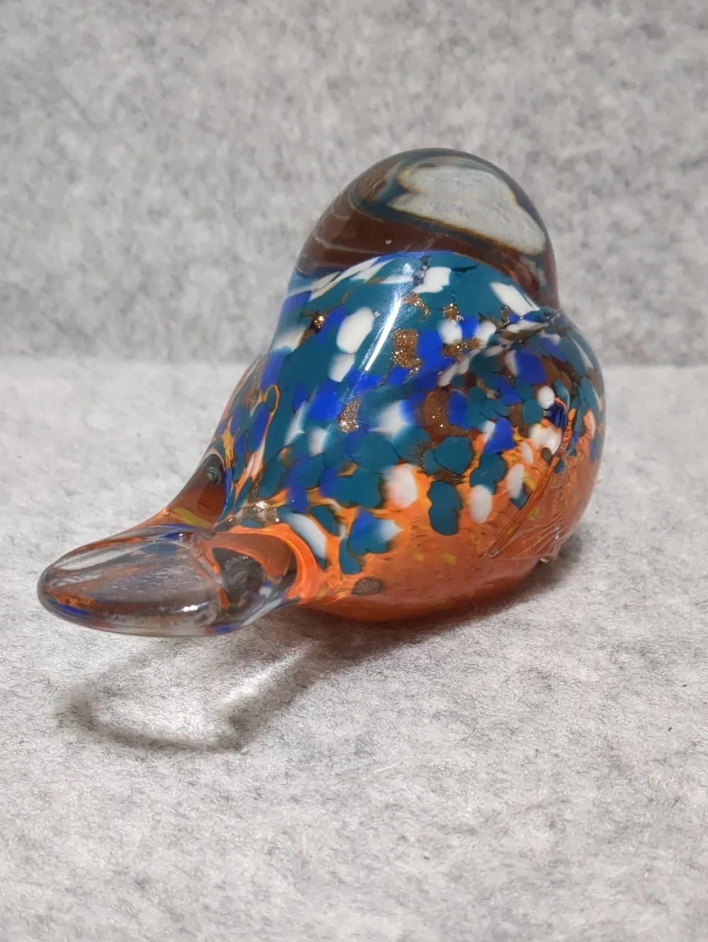 Art Glass Bird Clear, Orange Blue Paperweight