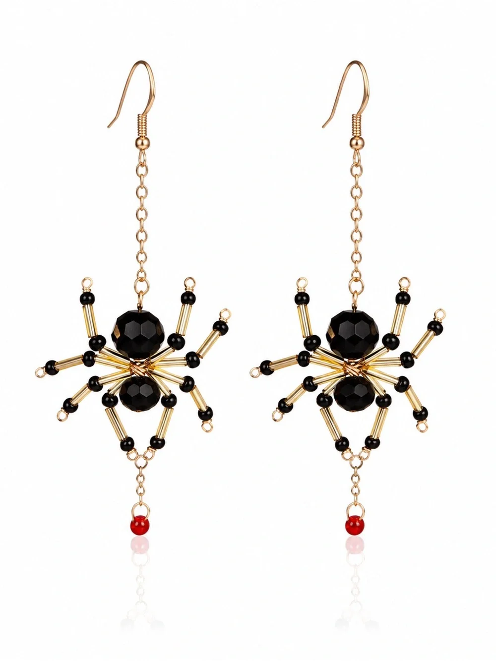 Gold and Black Beaded Spider Dangle Earrings