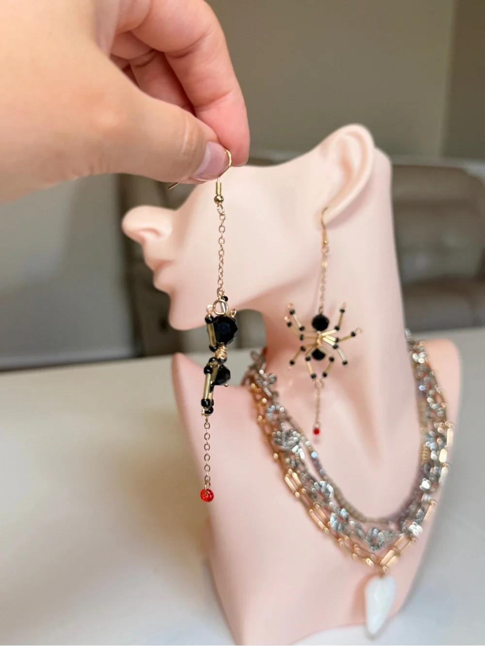Gold and Black Beaded Spider Dangle Earrings