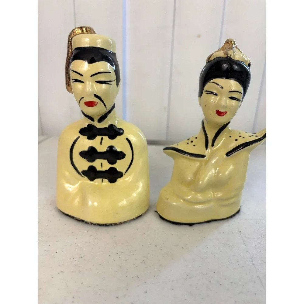 Vintage 1950s Asian Man Woman Ceramic Figurines Pair Yellow Black Gold MCM