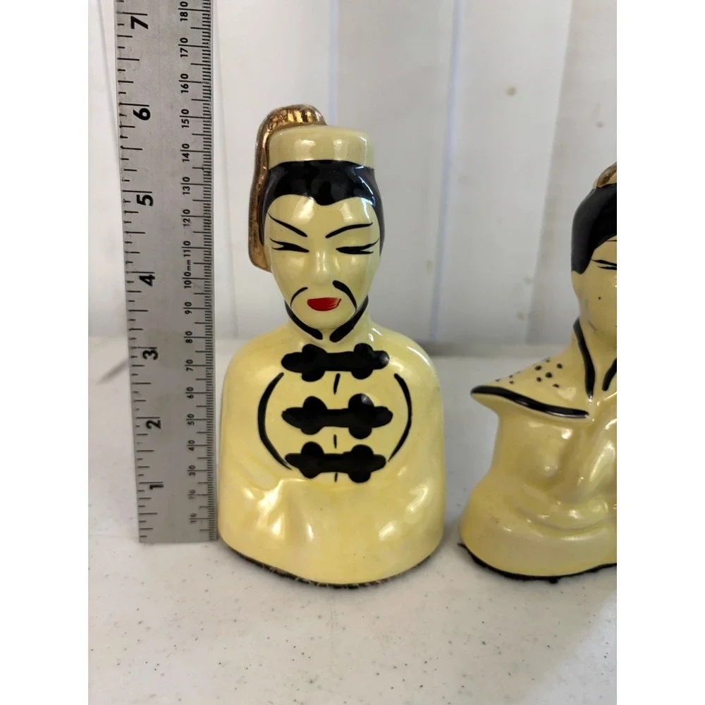 Vintage 1950s Asian Man Woman Ceramic Figurines Pair Yellow Black Gold MCM