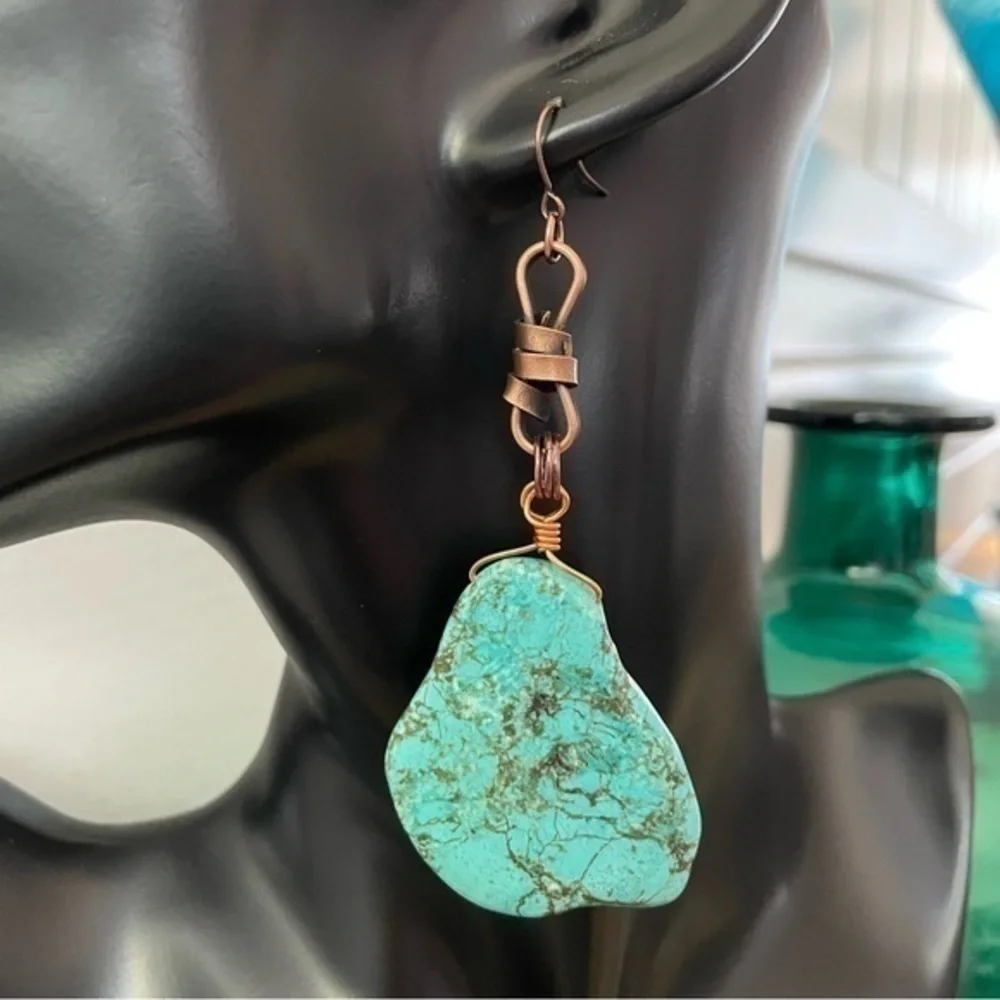 2/$49 Handmade Blue Imperial Jasper Mixed Copper Statement Earrings 4” Gift West