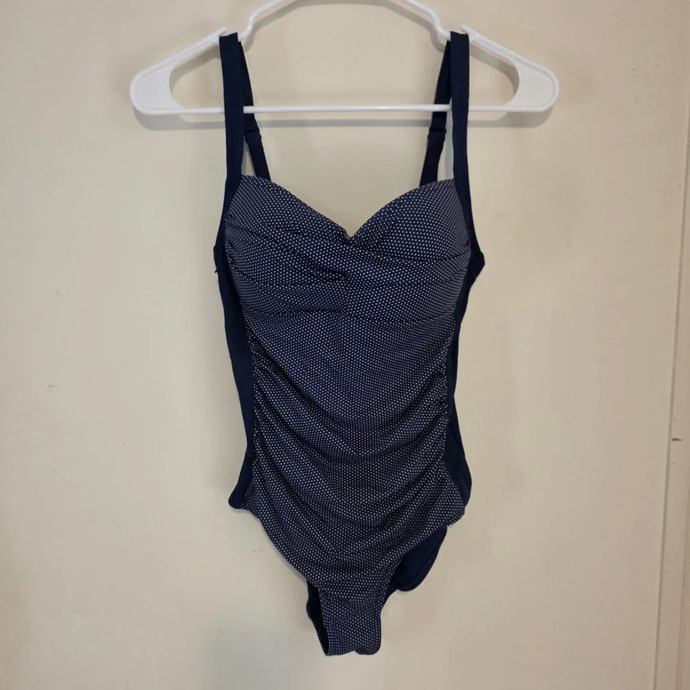 Niptuck Swim Womens One Piece Swimsuit Size 6 Navy Polka Dot Ruched Slimming