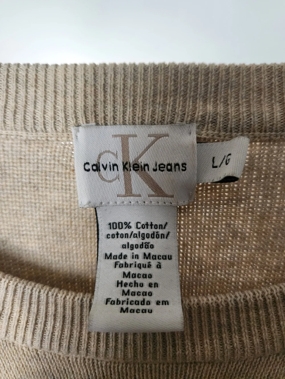 Calvin Klein Jeans Men's Cream Crewneck Sweater with Brown Accent