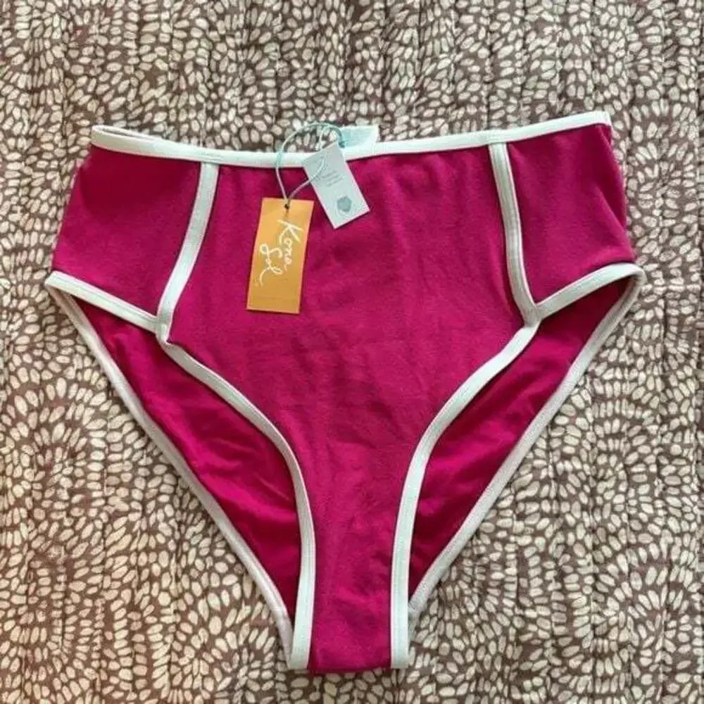 Kona Sol Pink High Waist Bikini Bottoms with White Trim NWT L‎