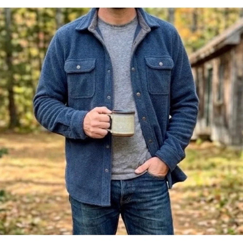LL Bean Mens Navy Blue Fleece Shacket Snap Front Elbow Patch Shirt Jacket Med‎
