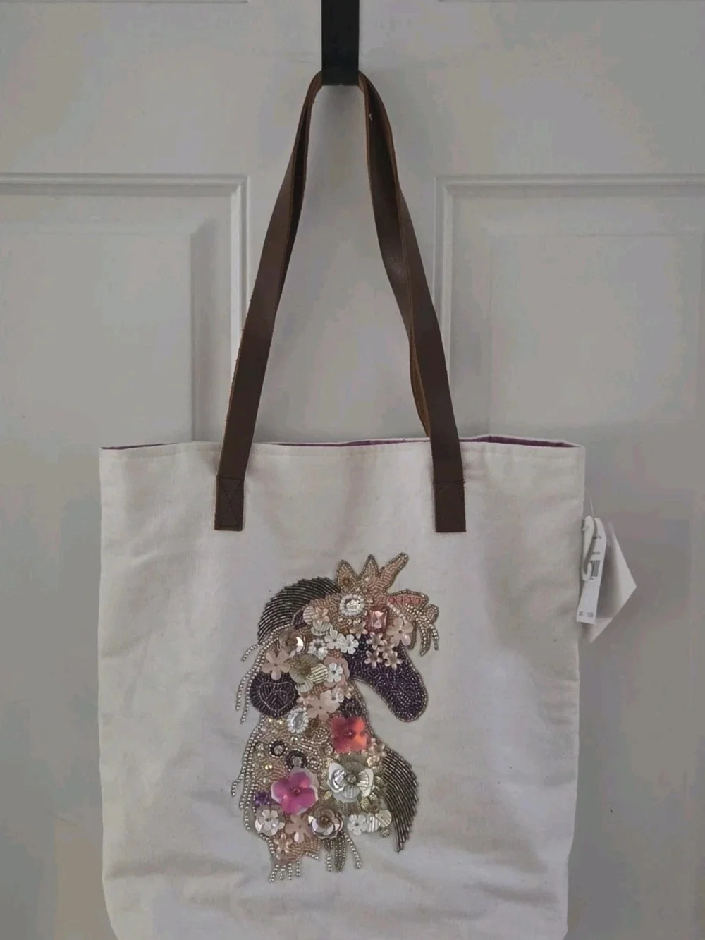 Cracker Barrel Jeweled Unicorn Horse Canvas Bag Leather Strap Snap New NWT