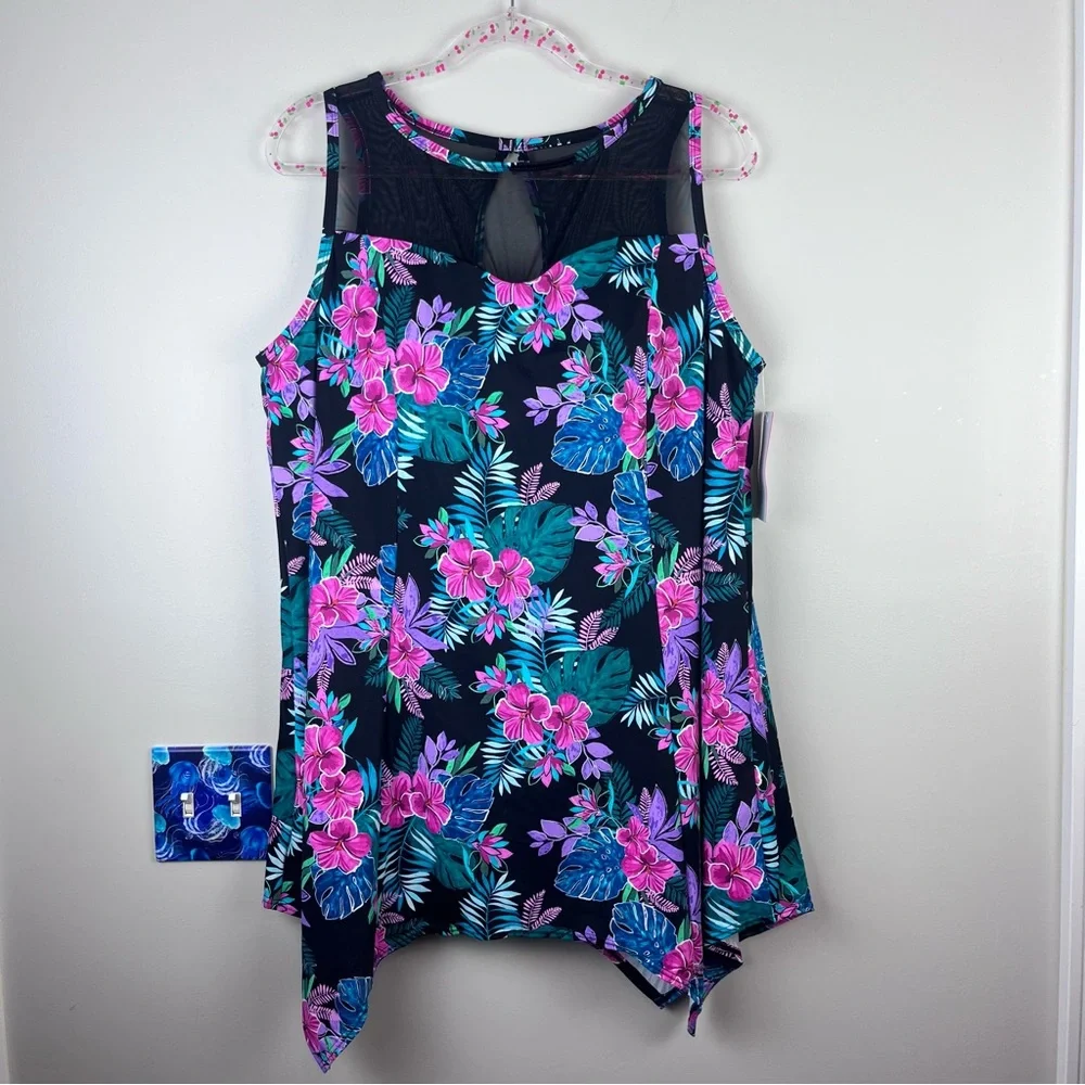 Tropical Floral Mesh-Trim Swim Coverup in Black & Pink