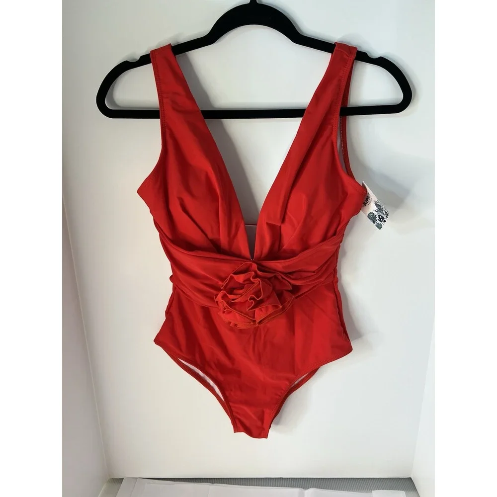 NWT B2Prity‎ Red One Piece Swimsuit Deep V Neck 3D Flower Detail