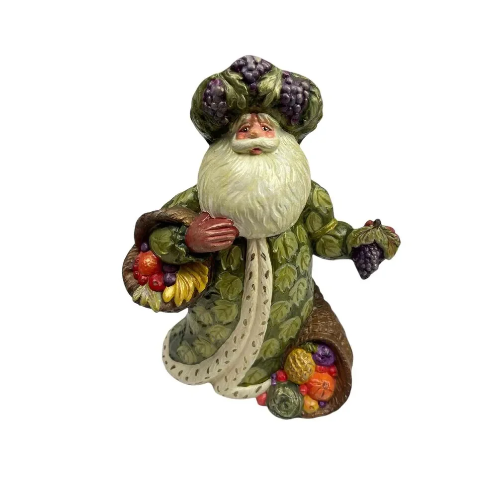 Vtg Old World Santa Claus Figurine | Green Leaf-Adorned Coat & Fruit Accents 9”‎