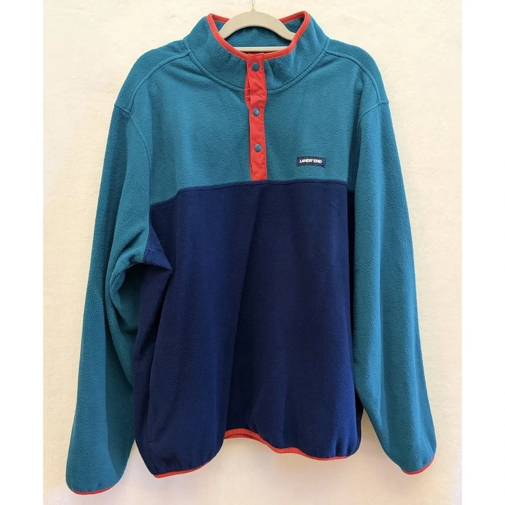 Lands'‎ End Pullover Men's XXL Heritage Fleece Snap Neck Teal/Navy Color Block