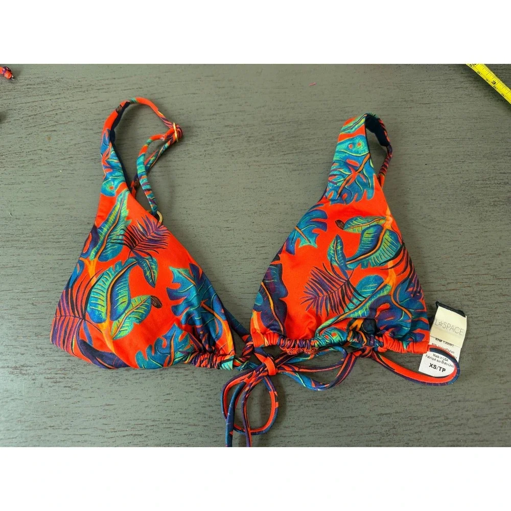 L Space Tropical Palm Print Triangle Bikini Top Orange Teal Navy XS RN 130061