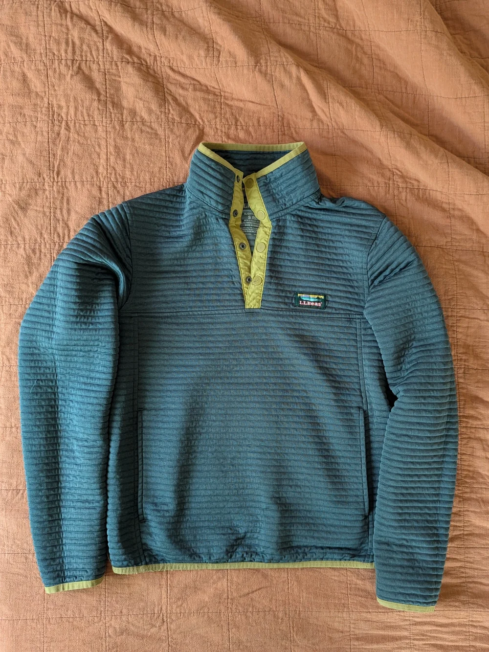L.L. Bean Men’s Teal Quilted Pullover Sweater with Lime Trim