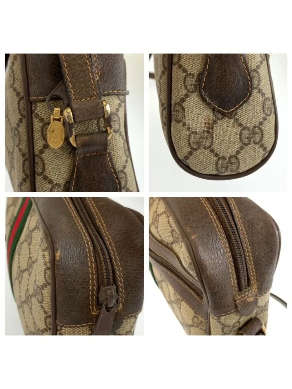 Gucci Vintage Sherry Line Beige Brown GG Supreme Canvas Shoulder Bag Pochette