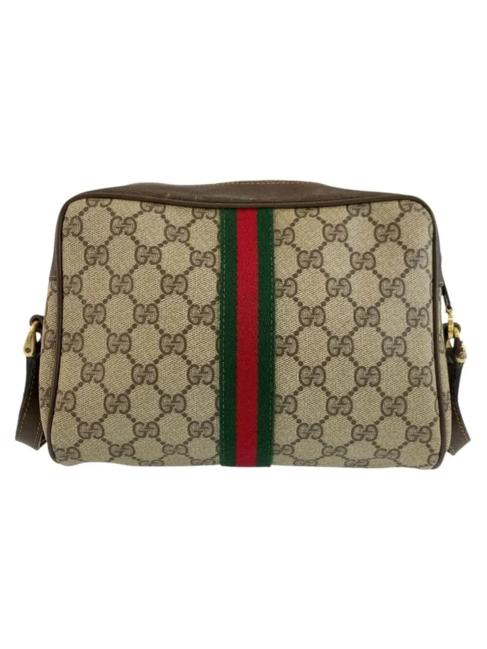 Gucci Vintage Sherry Line Beige Brown GG Supreme Canvas Shoulder Bag Pochette