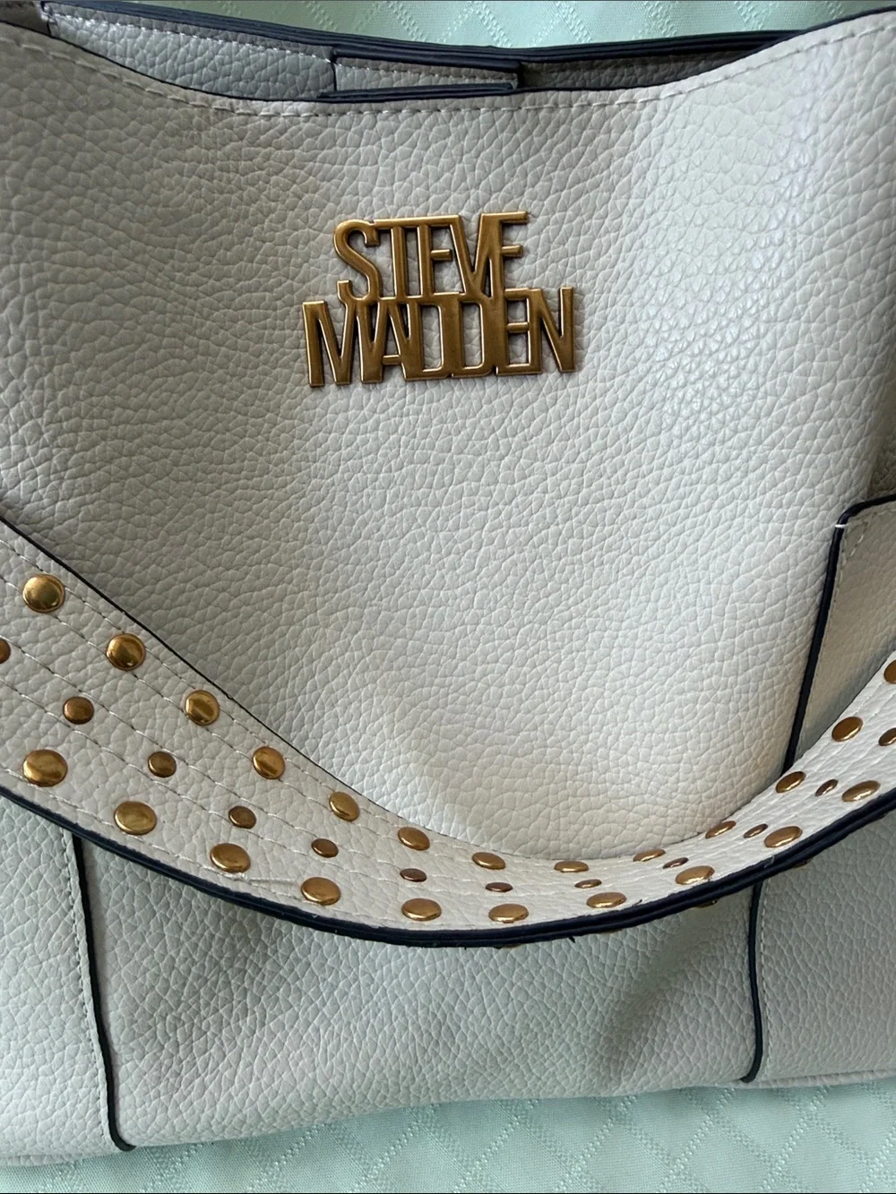 New Steve Madden Large Cream Faux Pebbled Shoulder Tote with Studded Strap