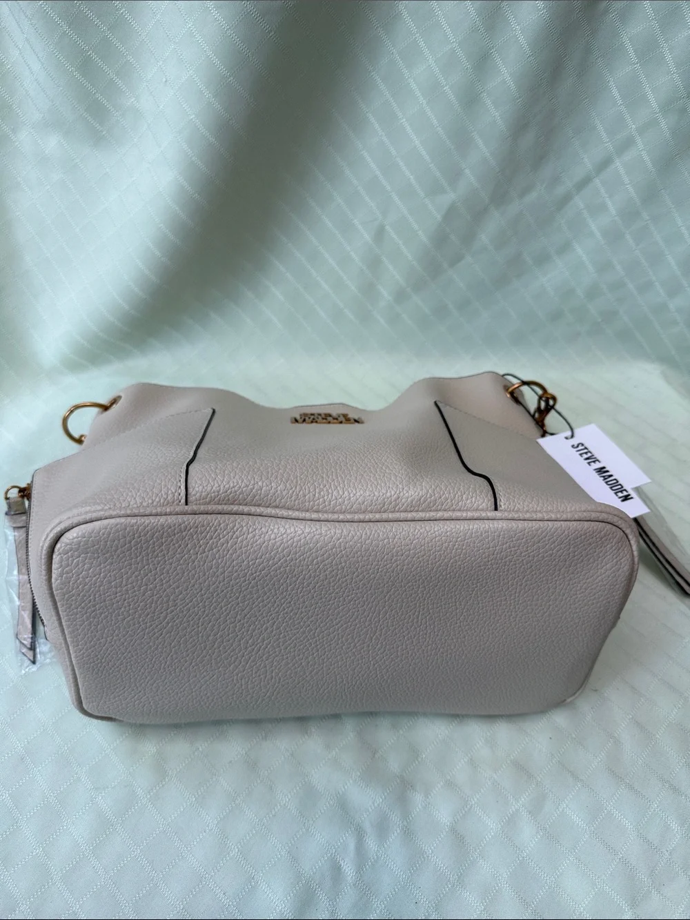 New Steve Madden Large Cream Faux Pebbled Shoulder Tote with Studded Strap