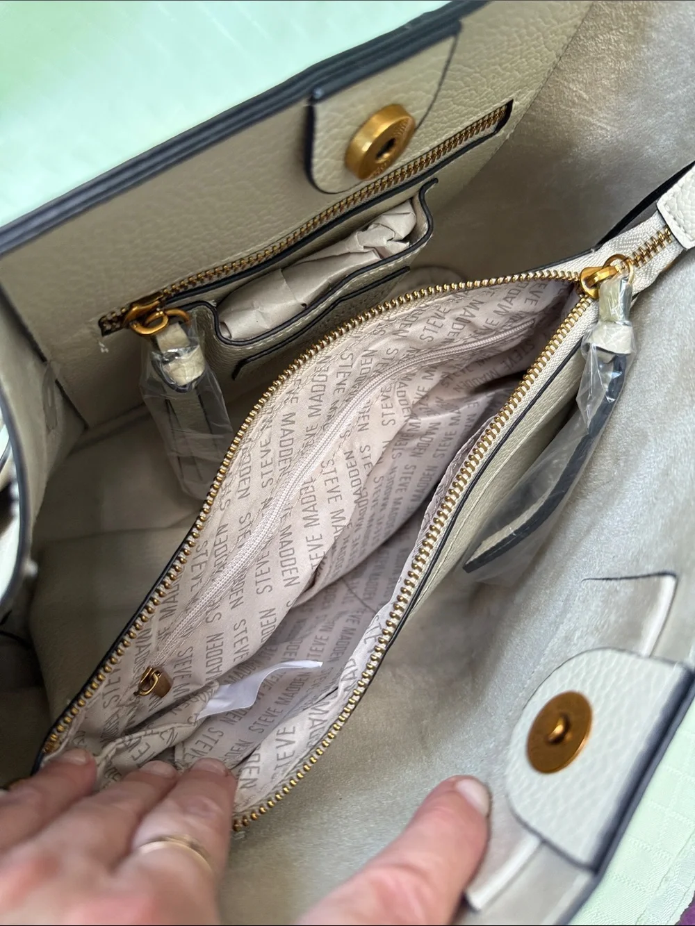 New Steve Madden Large Cream Faux Pebbled Shoulder Tote with Studded Strap