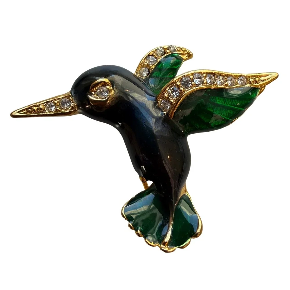 Hummingbird Brooch Enamel‎ Rhinestone Gold Tone Green Black Bird Pin 2 Inch