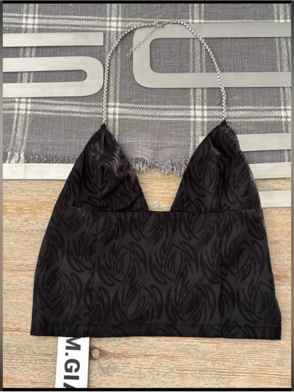 I.AM.GIA Black Satin Jacquard Chain-Halter Crop Top