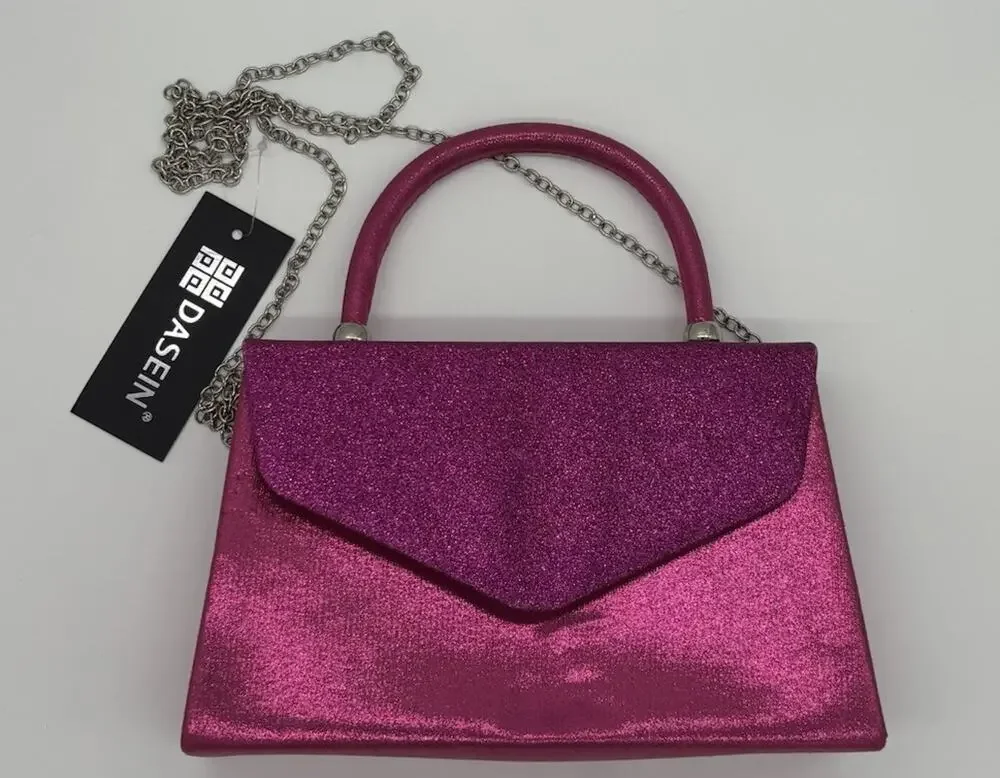 Dasein Women’s Pink Glitter Top Handle Clutch, Silver Chain, Detachable, Lined