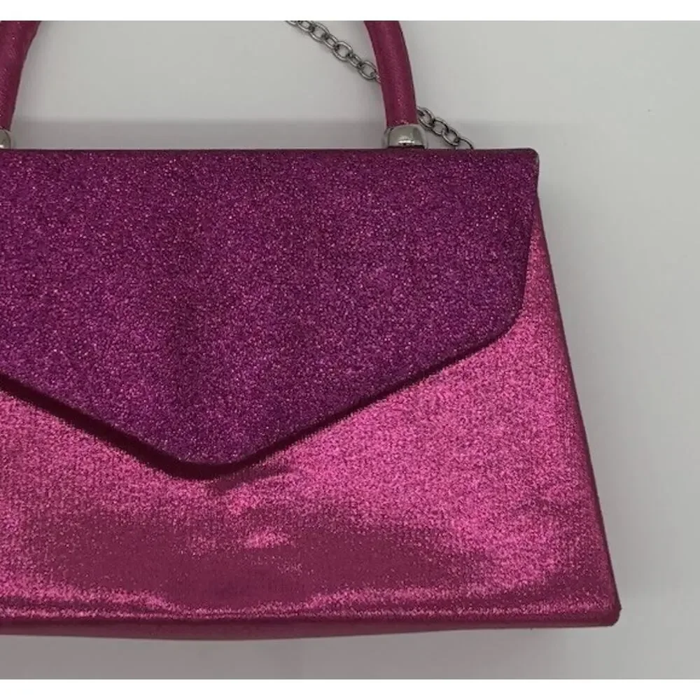 Dasein Women’s Pink Glitter Top Handle Clutch, Silver Chain, Detachable, Lined
