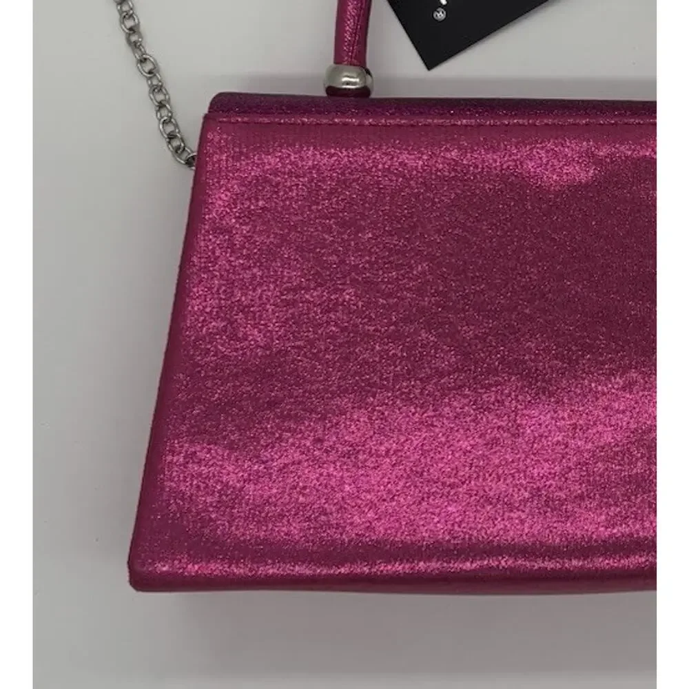 Dasein Women’s Pink Glitter Top Handle Clutch, Silver Chain, Detachable, Lined
