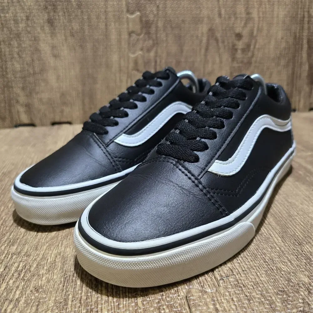 Vans Old Skool Black Leather White Stripe Sneaker Men 6.5 Women 8 Shoes