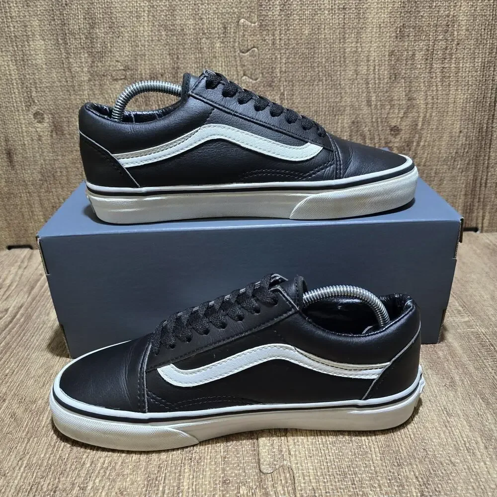 Vans Old Skool Black Leather White Stripe Sneaker Men 6.5 Women 8 Shoes