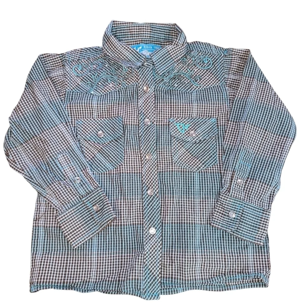 Cowgirl Hardware Plaid Embroided Long Sleeve Jewel Snap Front Shirt Size 3T