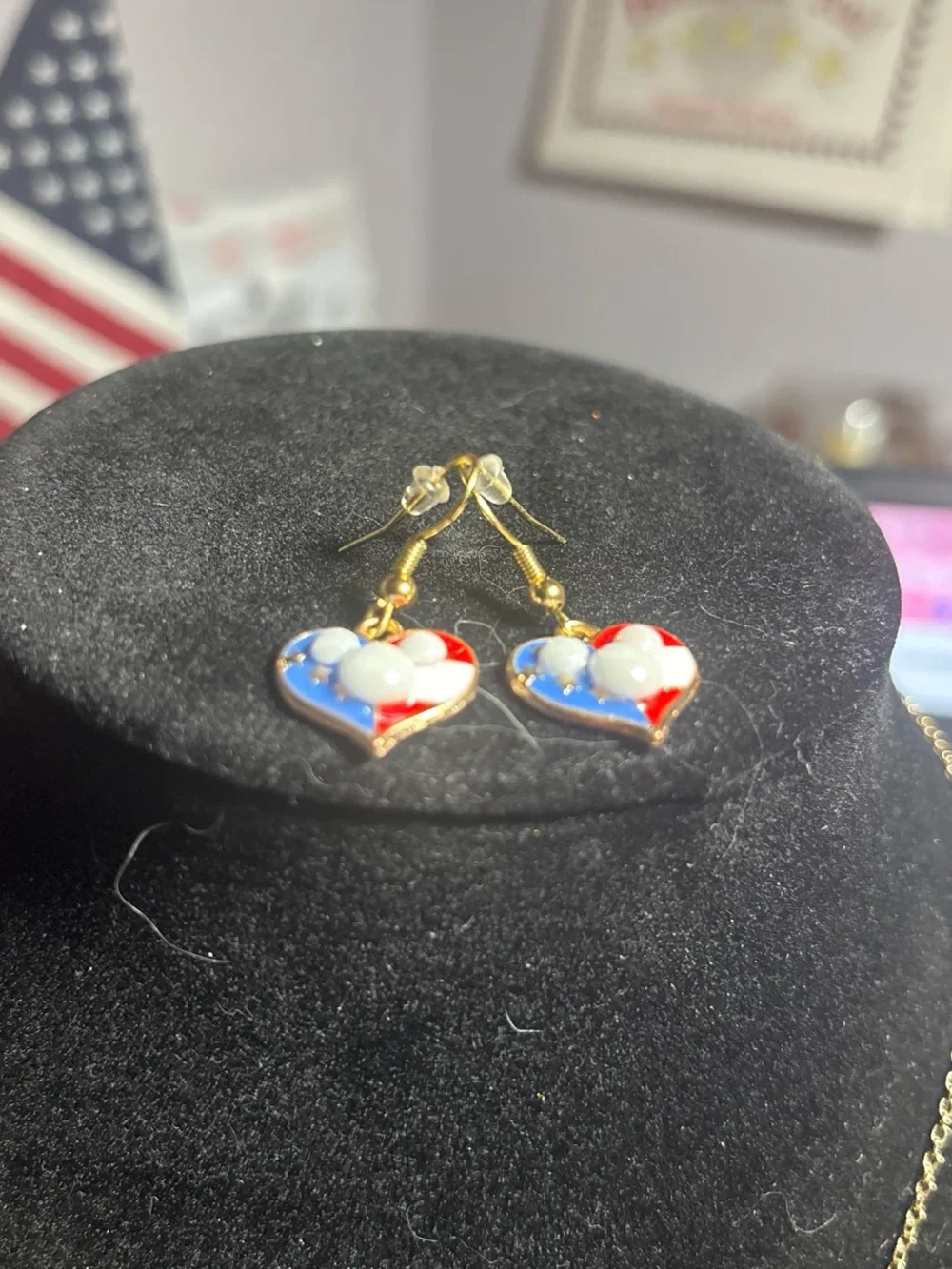 Gold Heart Pendant Necklace and Earrings with Red & Blue Enamel Set