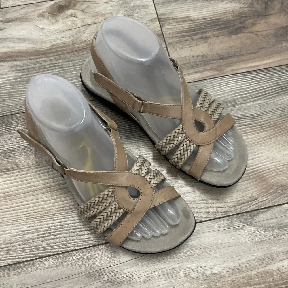 Abeo Betsy Sandals Women 7.5N‎ Tan Leather Strappy Slide Boho Comfort Summer