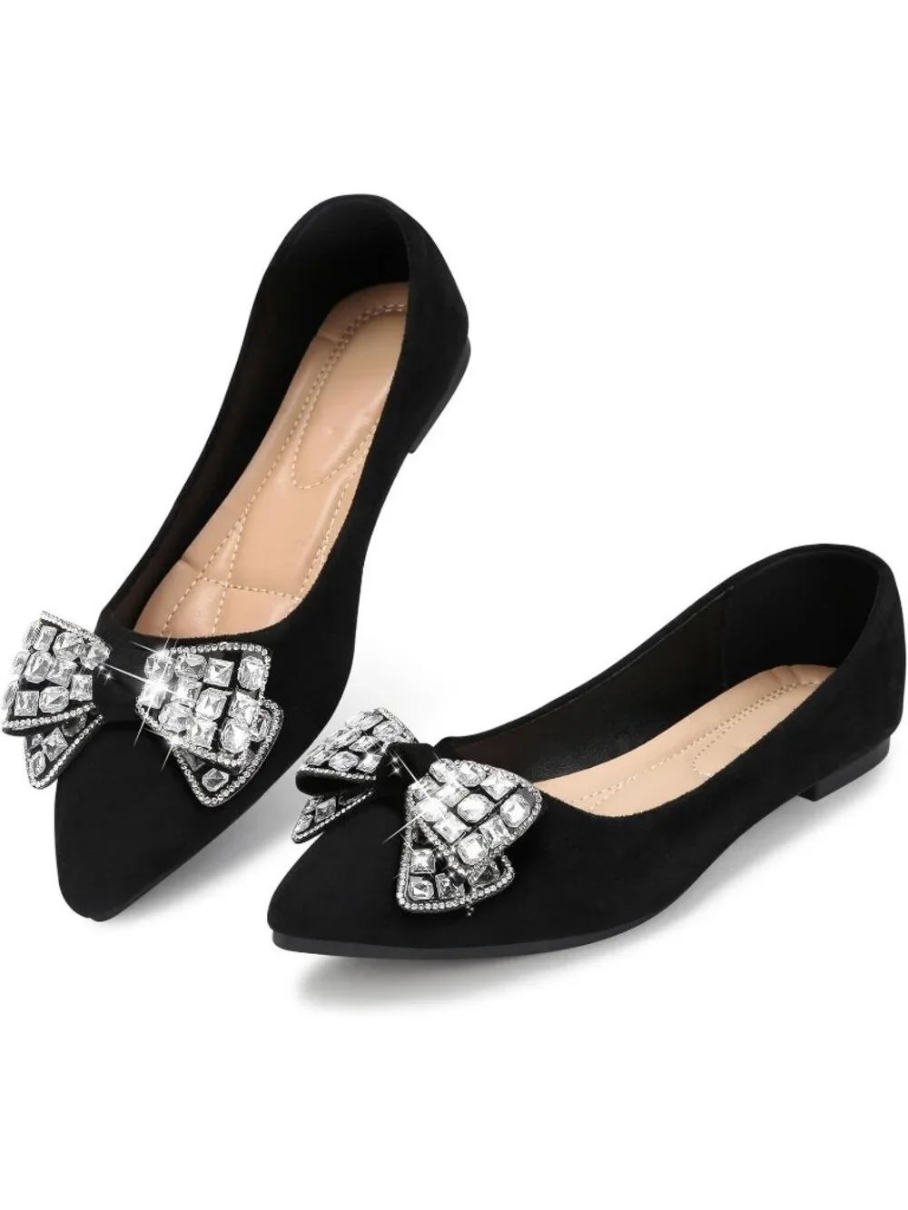 Women's 03-Black Pointed Toe Pearl Flats Comfort Non Slip Soft Sole Office Shoes