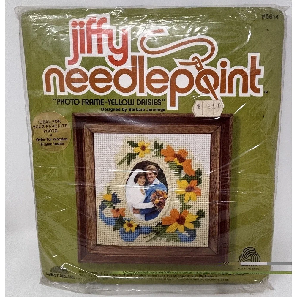Vintage Sunset Jiffy Needlepoint Wedding & Daisies Photo Frame‎ Kit #5614 NOS